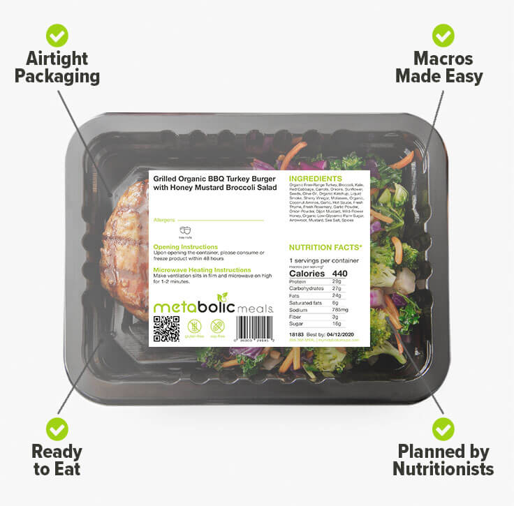 Meal container in airtight packaging.