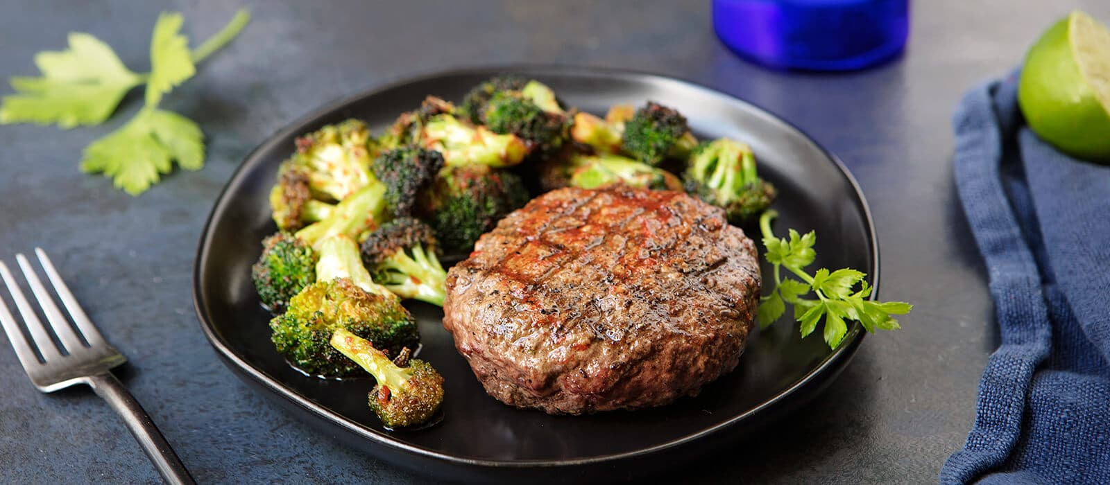 Grass-Fed Bison Burgers with Spicy Pan-Fried Broccoli