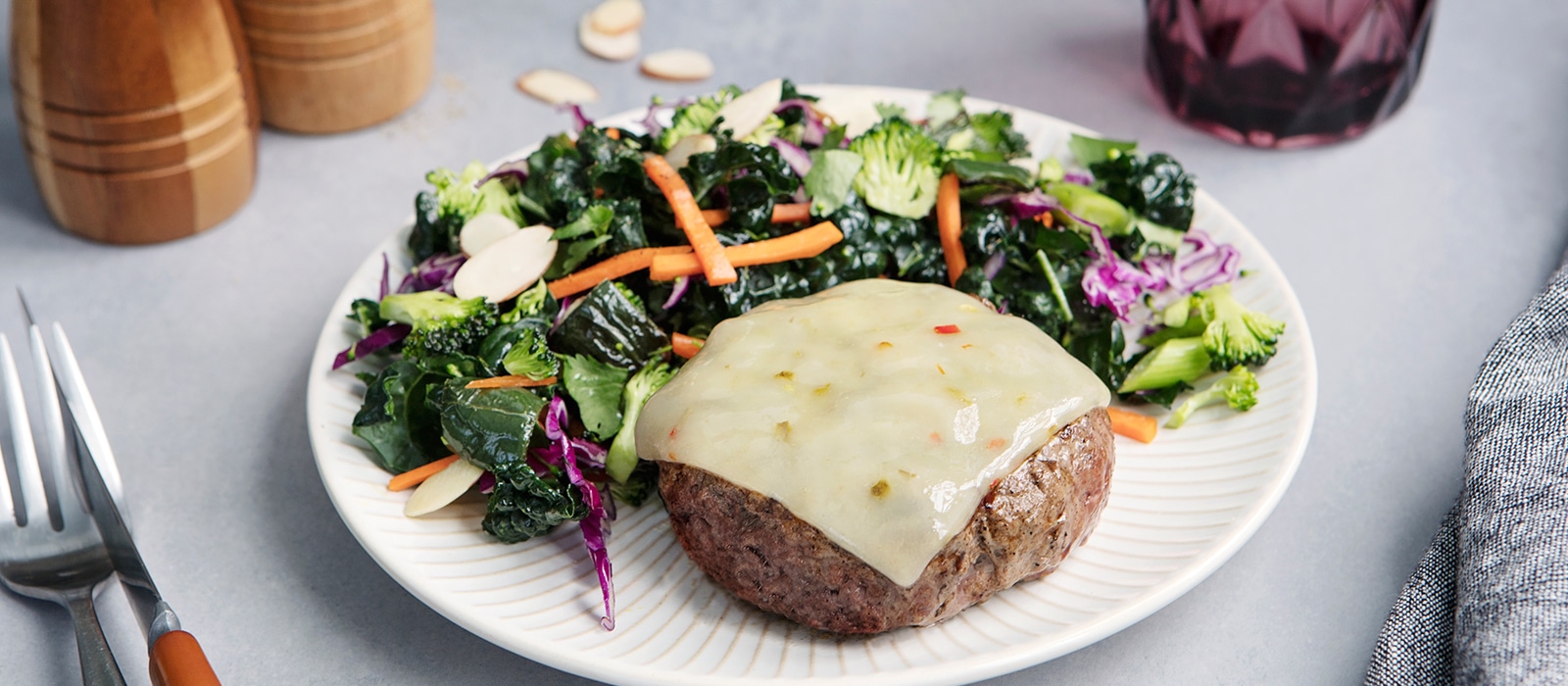 Grass-Fed Beef Burger with Pepper Jack and Superfood Salad