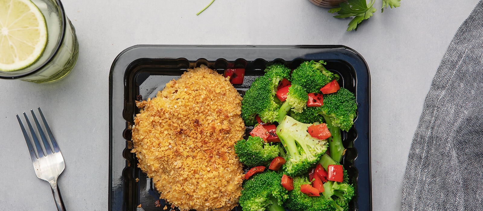 Italian Breaded Organic Turkey Cutlet with Roasted Red Pepper Broccoli