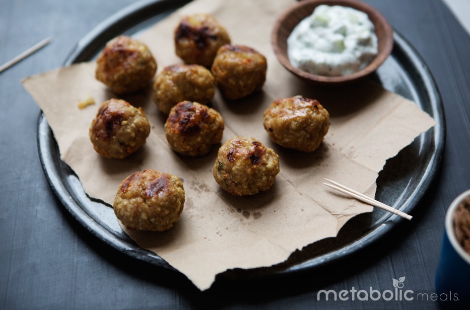 Mediterranean Turkey Meatballs with Goat Feta & Greek Yogurt Dipping Sauce