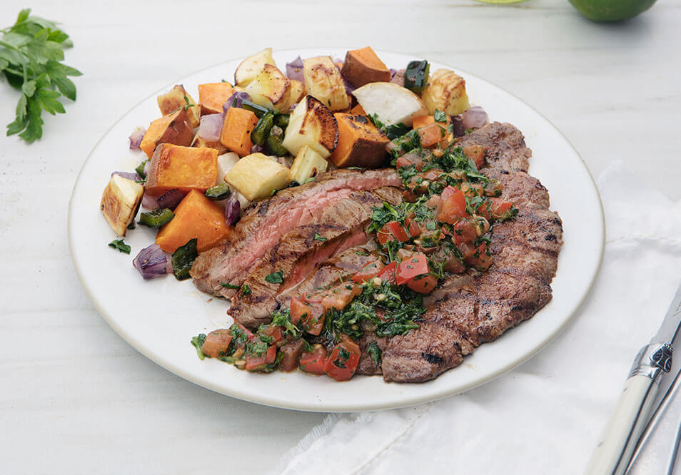 Grass-Fed Flank Steak with Cilantro Salsa and Roasted Root Vegetabless