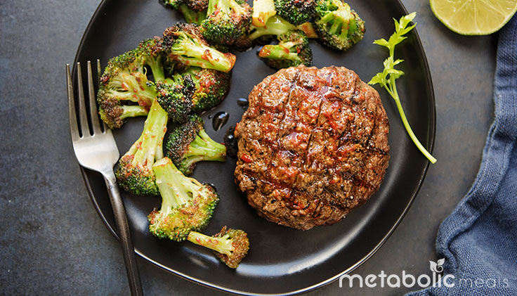 Grass-fed Bison Burger and Broccoli Build-a-meal recipe final product. 