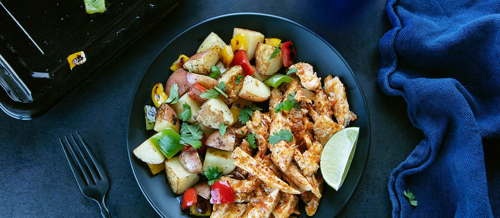 Sweet Mango-Lime Shredded Turkey with Jamaican Jerk Roasted Potatoes and Peppers