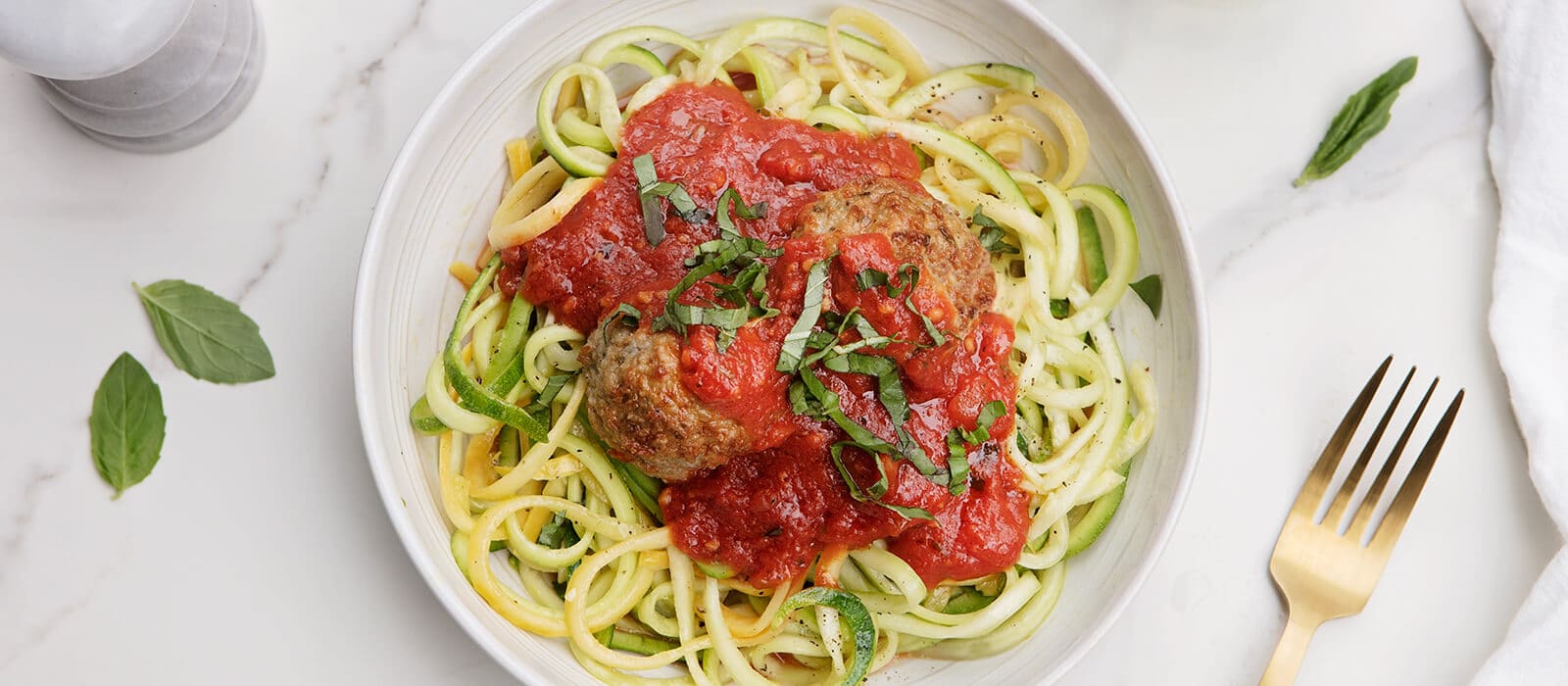 Organic Free-Range Turkey Meatballs with Marinara over Al Dente Zucchini Noodles