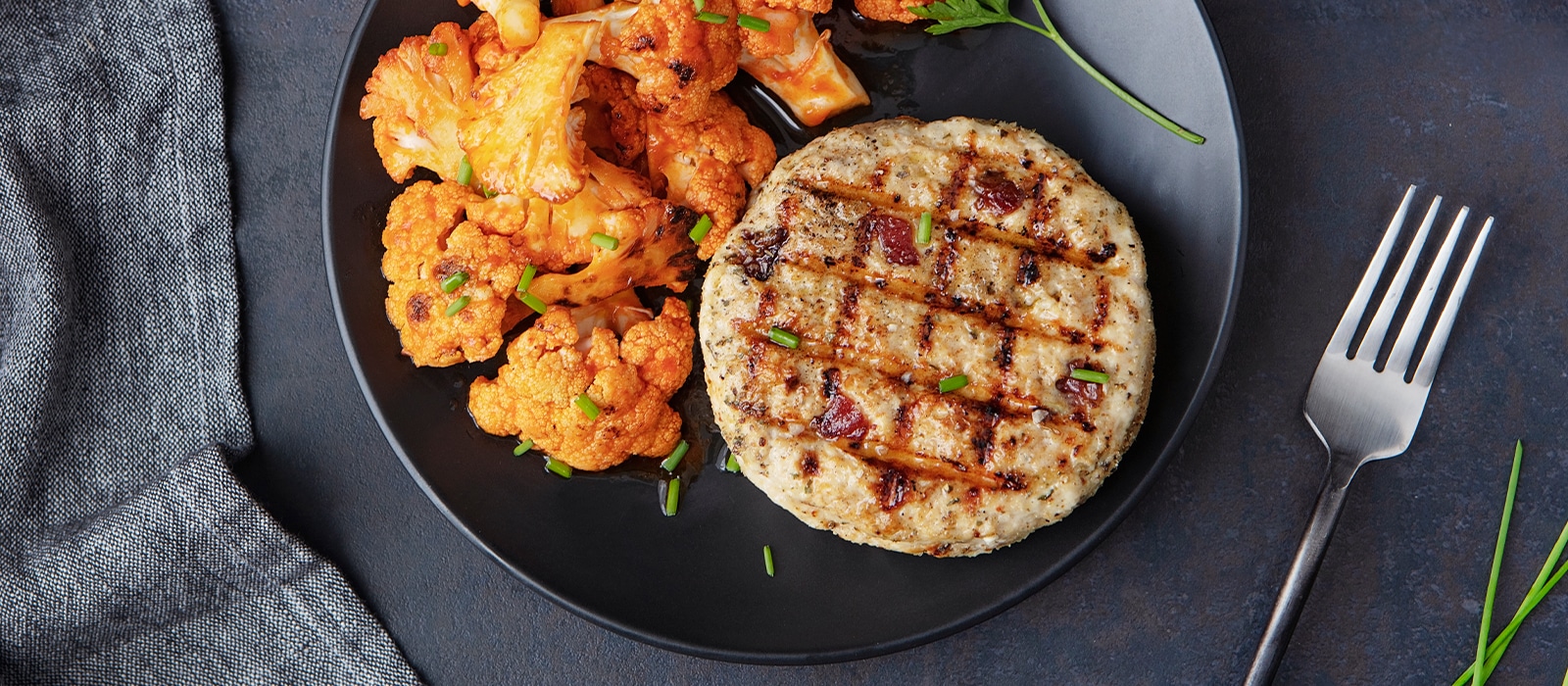 Zesty Bacon-Ranch Chicken Burger with Roasted Buffalo Cauliflower