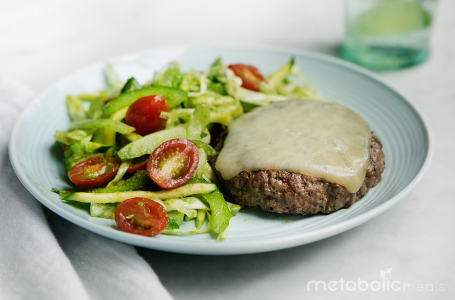 Entrée Spotlight: Grass-Fed Beef Burger, Aged Swiss & Green Goddess Vegetable Salad