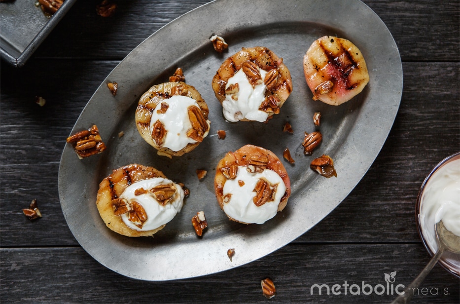 Grilled White Balsamic Peaches & Honey Vanilla Yogurt with Pecan Brittle