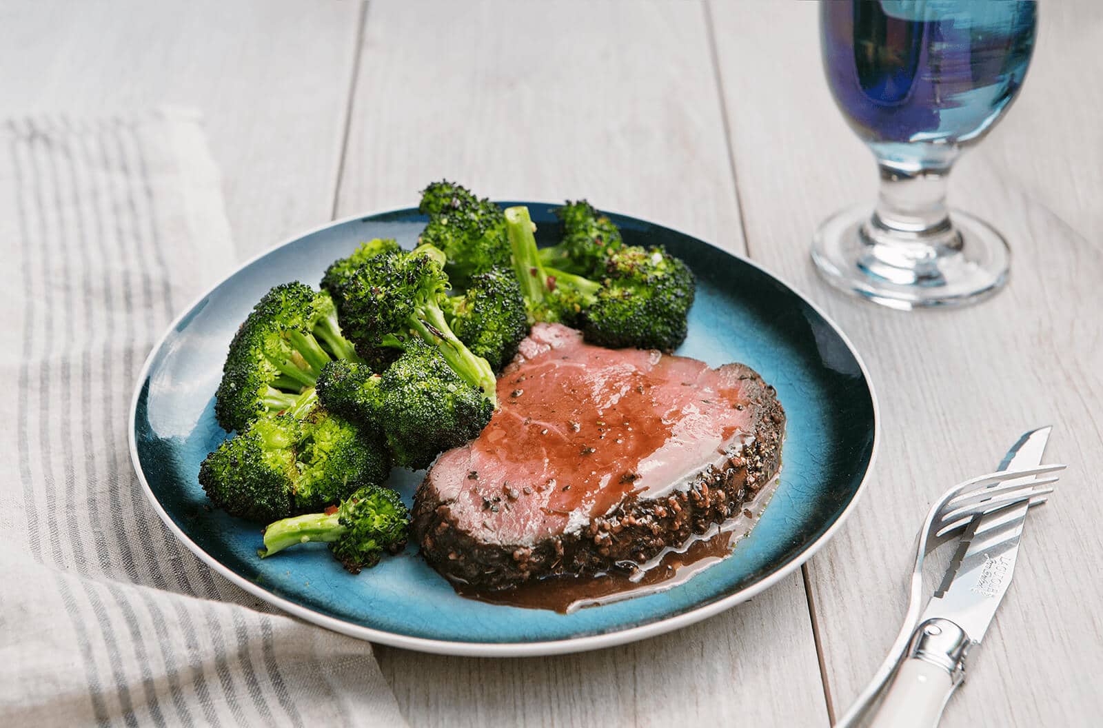 Peppered GrassFed Beef Roast with Au Jus and Garlicky Roasted Broccoli
