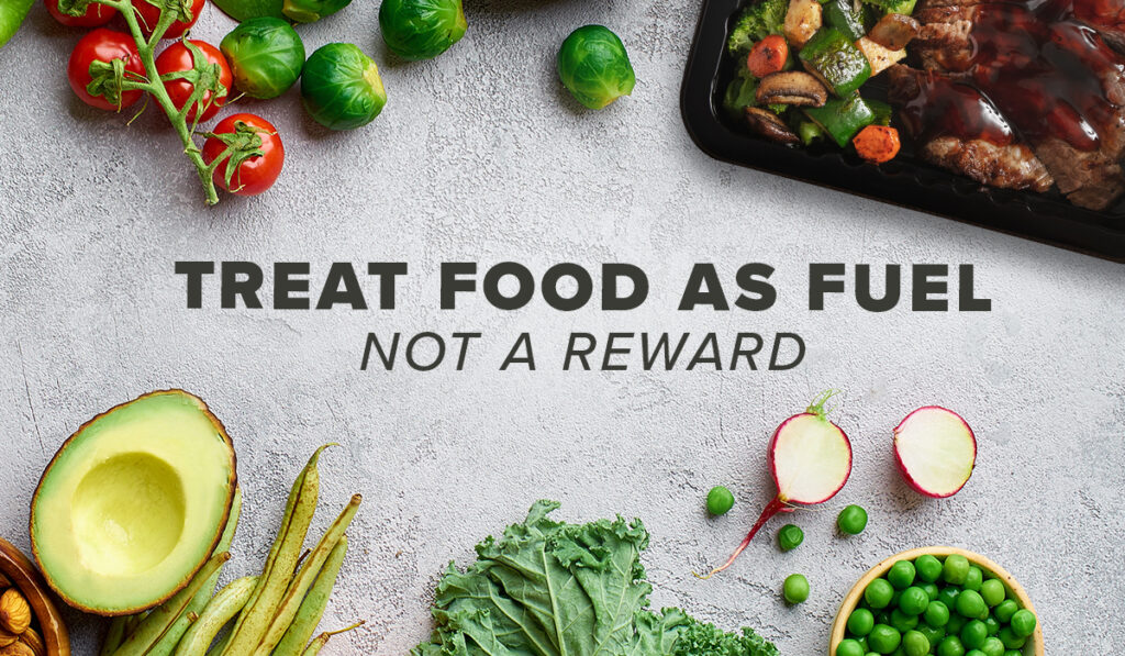 The copy, "treat food as fuel not a reward" overlays an image with vegetables and a Metabolic Meals dish.