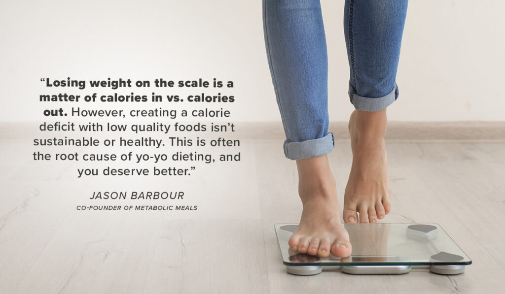 Image of someone stepping on a scale with the quote, "osing weight on the scale is a matter of calories in vs. calories out. However, creating a calorie deficit with low quality foods isn’t sustainable or healthy. This is often the root cause of yo-yo dieting, and you deserve better." by Jason Barbour overlaying the image.